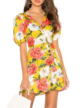 Parker Yellow Floral Mini Dress SIZE 2 Ruched Ruffle Vacation Party Cotton $278